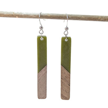 Slim Long Rectangle Silver Sage Green Resin Wood Earrings