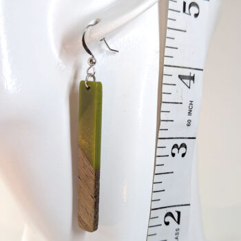 Slim Long Rectangle Silver Sage Green Resin Wood Earrings - Image 2