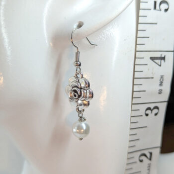 Antique Silver Rose Head Flower Pearl Earrings - Image 2