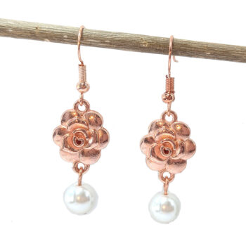 Rose Gold Rose Head Flower Pearl Earrings