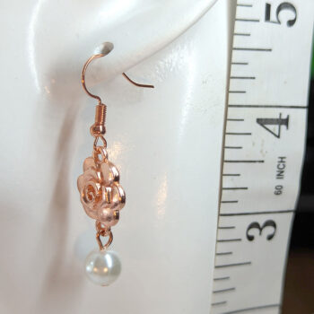 Rose Gold Rose Head Flower Pearl Earrings - Image 2