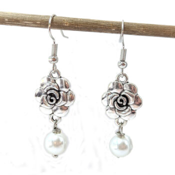 Antique Silver Rose Head Flower Pearl Earrings