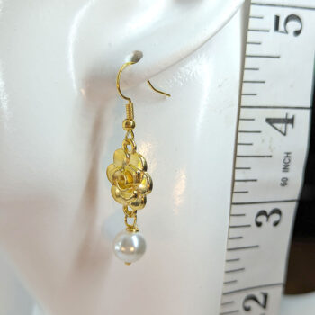 Gold Rose Head Flower Pearl Earrings - Image 2