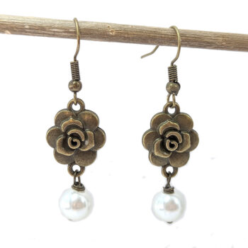 Antique Bronze Rose Head Flower Pearl Earrings