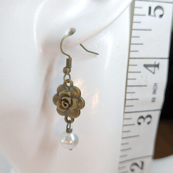 Antique Bronze Rose Head Flower Pearl Earrings - Image 2