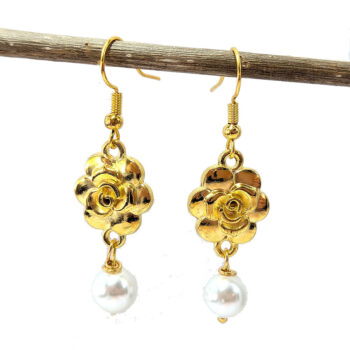 Gold Rose Head Flower Pearl Earrings