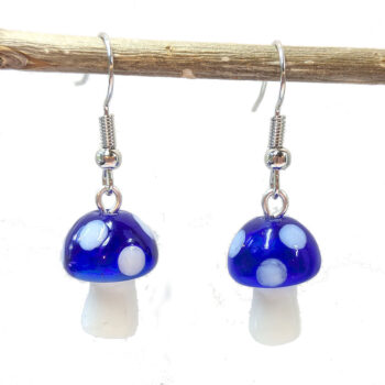 Lampwork Glass Dark Blue Mushroom Silver Earrings