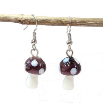 Lampwork Glass Purple Mushroom Silver Earrings