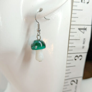 Lampwork Glass Dark Green Mushroom Silver Earrings - Image 2