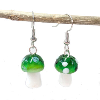 Lampwork Glass Green Mushroom Silver Earrings