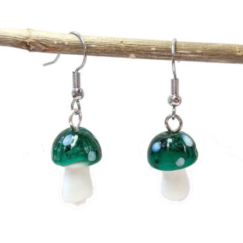 Lampwork Glass Dark Green Mushroom Silver Earrings