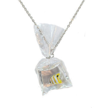 Ocean Salt Water Fish in a Bag Yellow Black White Resin Necklace