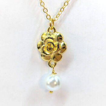 Gold Small Rose Flower With Pearl Necklace