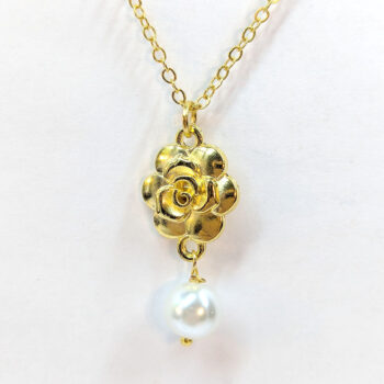 Gold Small Rose Flower With Pearl Necklace - Image 3