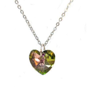 Yellow Green Shiny Glass Rhinestone Heart Necklace Silver