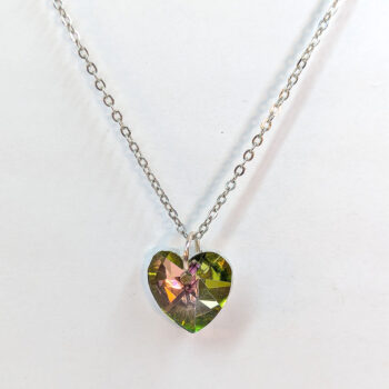 Yellow Green Shiny Glass Rhinestone Heart Necklace Silver - Image 3