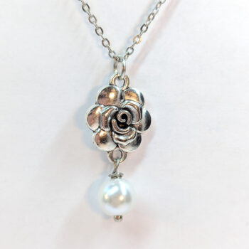 Antique Silver Small Rose Flower With Pearl Necklace