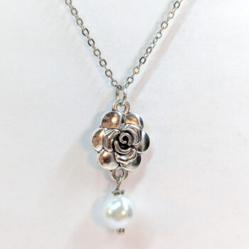 Antique Silver Small Rose Flower With Pearl Necklace - Image 3