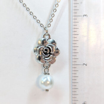 Antique Silver Small Rose Flower With Pearl Necklace - Image 2