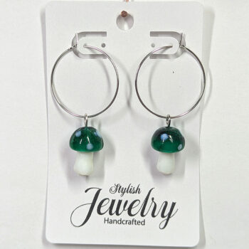 Lampwork Glass Dark Green Mushroom Silver Earrings - Image 3