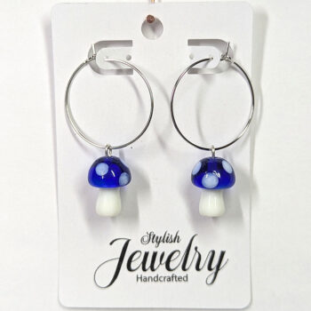 Lampwork Glass Dark Blue Mushroom Silver Earrings - Image 3