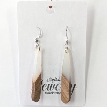 Slim Long Teardrop Silver Cream Resin Wood Earrings - Image 5