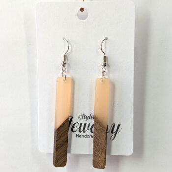 Slim Long Rectangle Silver Peach Resin Wood Earrings - Image 5