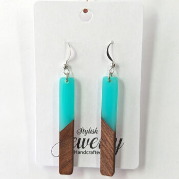 Slim Long Rectangle Silver Turquoise Blue Resin Wood Earrings - Image 4