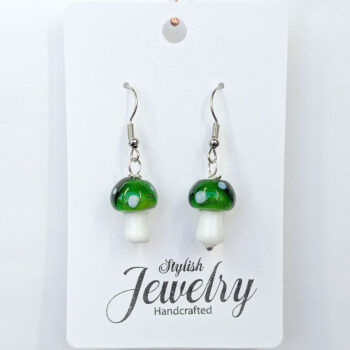 Lampwork Glass Green Mushroom Silver Earrings - Image 5