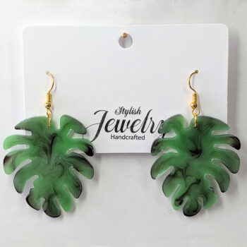 Large Green Black Marble Monstera Leaf Resin Earrings - Image 6