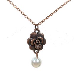 Antique Copper Small Rose Flower With Pearl Necklace