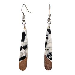 Black White Gold Leaf Long Teardrop Wood Resin Earrings