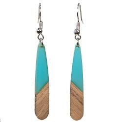 Turquoise Blue Long Teardrop Wood Resin Earrings