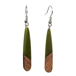 Olive Green Slim Long Teardrop Wood Resin Earrings