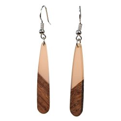 Cream Beige Slim Long Teardrop Wood Resin Earrings