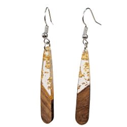 Clear Gold Leaf Long Teardrop Wood Resin Earrings