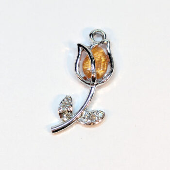 Orange Clear Rhinestone Rose Flower Charm Silver