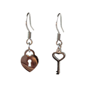 Silver Stainless Steel Heart Lock and Key Earrings