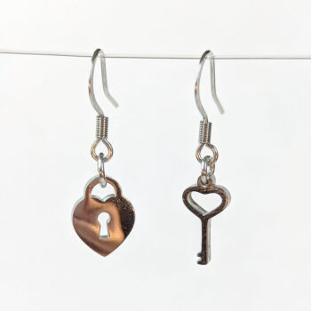 Silver Stainless Steel Heart Lock and Key Earrings - Image 4