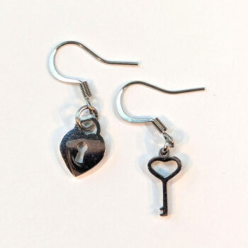 Silver Stainless Steel Heart Lock and Key Earrings - Image 3