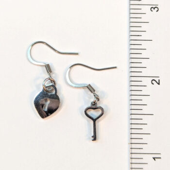 Silver Stainless Steel Heart Lock and Key Earrings - Image 2