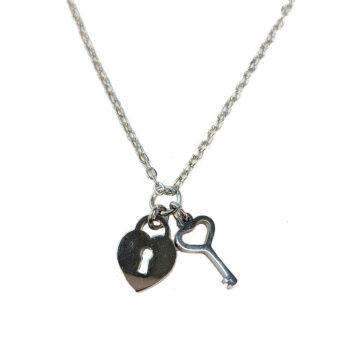 Stainless Steel Silver Heart Lock and Key Necklace