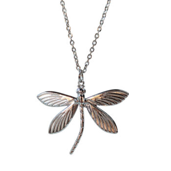 Silver Stainless Steel Curved Tail Large Dragonfly Necklace