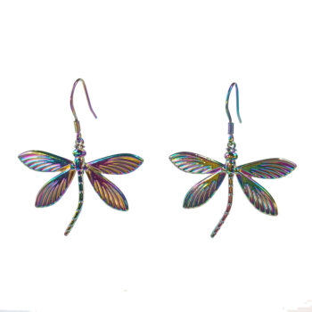 Rainbow Stainless Steel Curved Tail Dragonfly Earrings