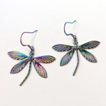 Rainbow Stainless Steel Curved Tail Dragonfly Earrings - Image 3