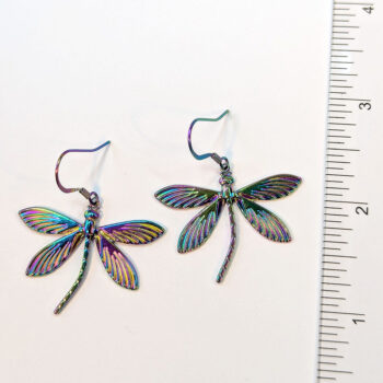 Rainbow Stainless Steel Curved Tail Dragonfly Earrings - Image 2