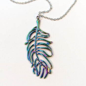 Large Rainbow Stainless Steel Feather Leaf Necklace - Image 2