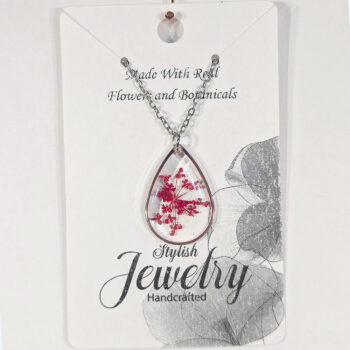 Teardrop Real Dried Red Flowers Resin Necklace Silver - Image 4