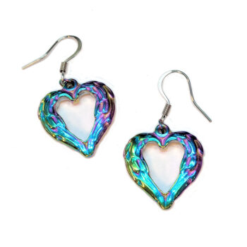 Stainless Steel Textured Chunky Heart Pendant Rainbow Earrings