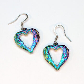 Stainless Steel Textured Chunky Heart Pendant Rainbow Earrings - Image 3